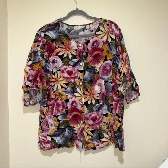 Women’s Vintage Premieře Classe Floral Grandma Pearl Gold Button Down 3/4 Blouse - Picture 4 of 15